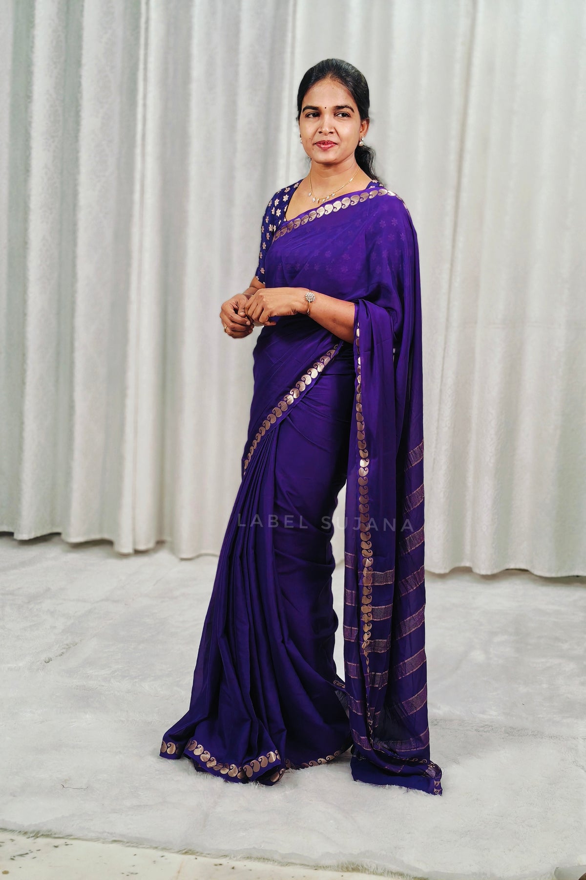 Purple colour Mysore Crepe Silk Saree with Mango Border