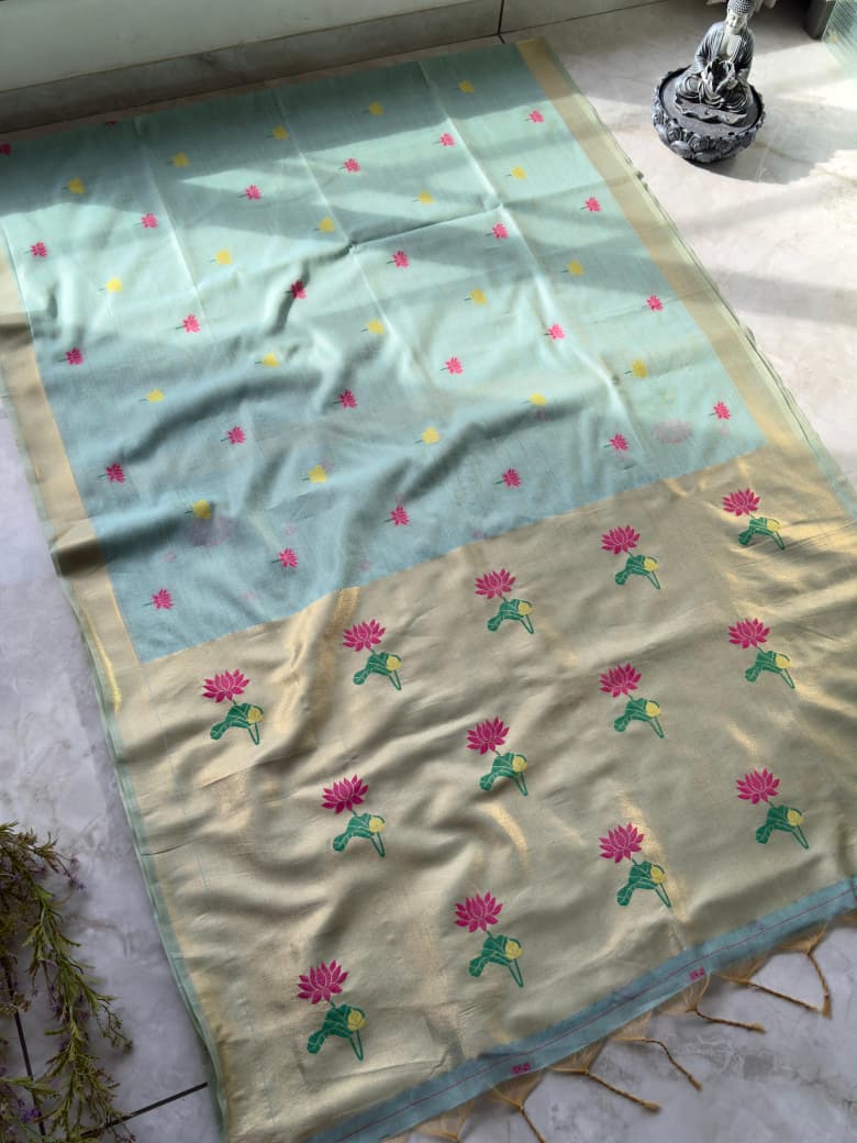 Sky blue colour Soft Munga Cotton Lotus Jamdani Saree