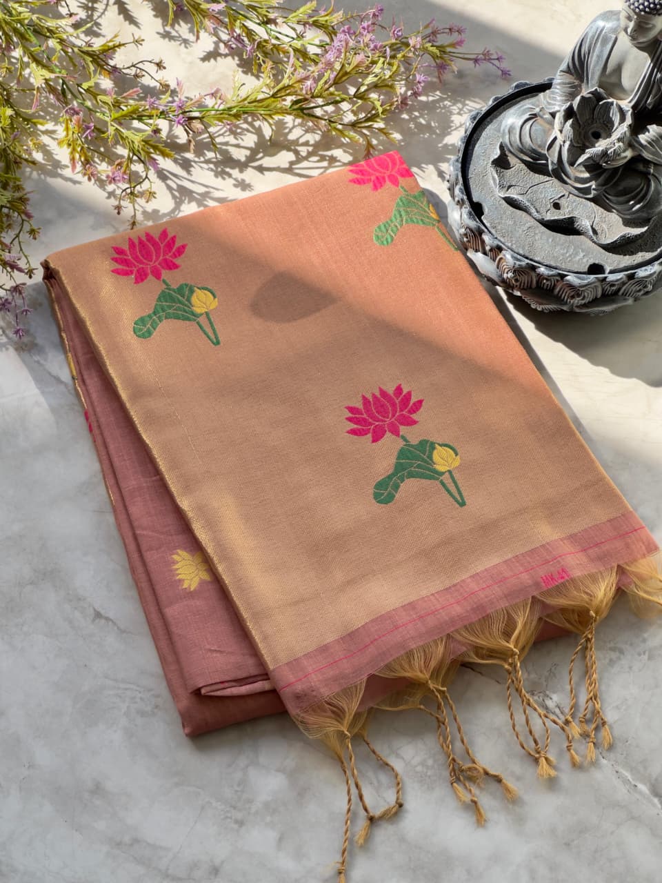 Peach colour Soft Munga Cotton Lotus Jamdani Saree