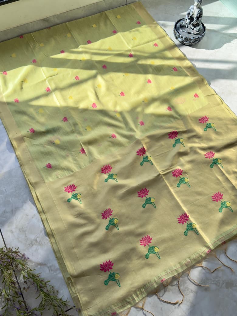 Light green colour Soft Munga Cotton Lotus Jamdani Saree