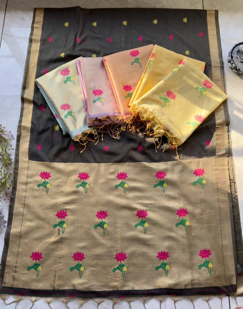 Sky blue, black, peach, light green, yellow, lavender colour Soft Munga Cotton Lotus Jamdani Sarees
