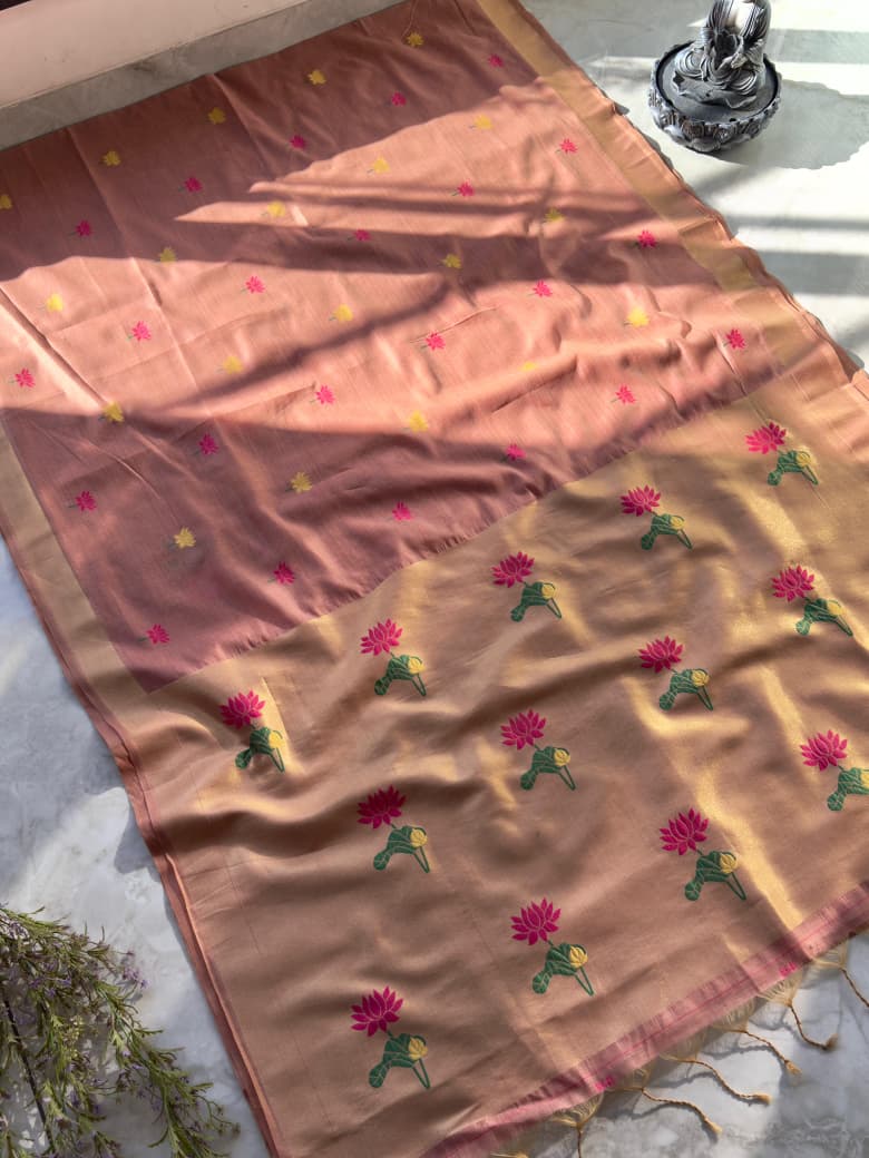Peach colour Soft Munga Cotton Lotus Jamdani Saree