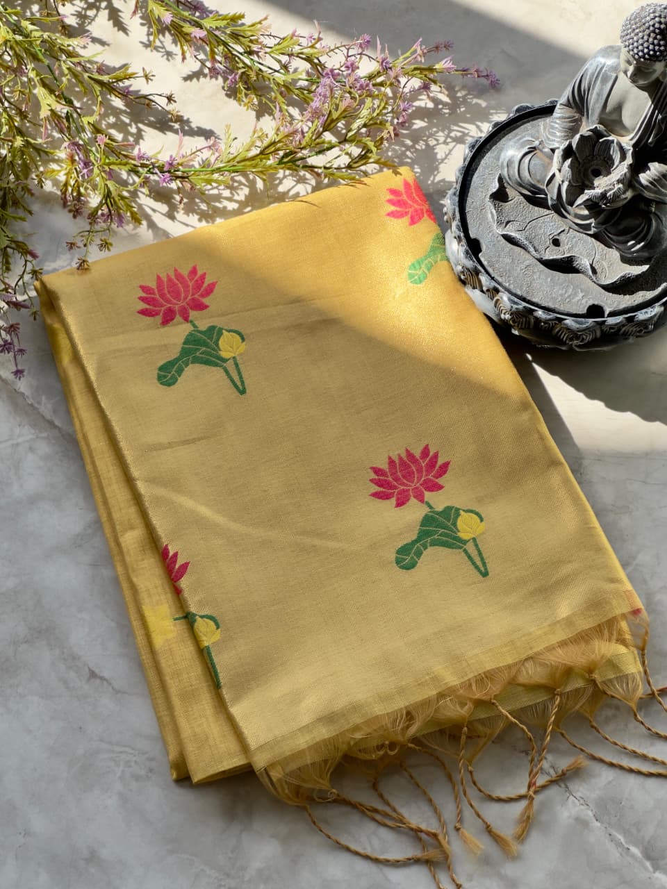 Yellow colour Soft Munga Cotton Lotus Jamdani Saree