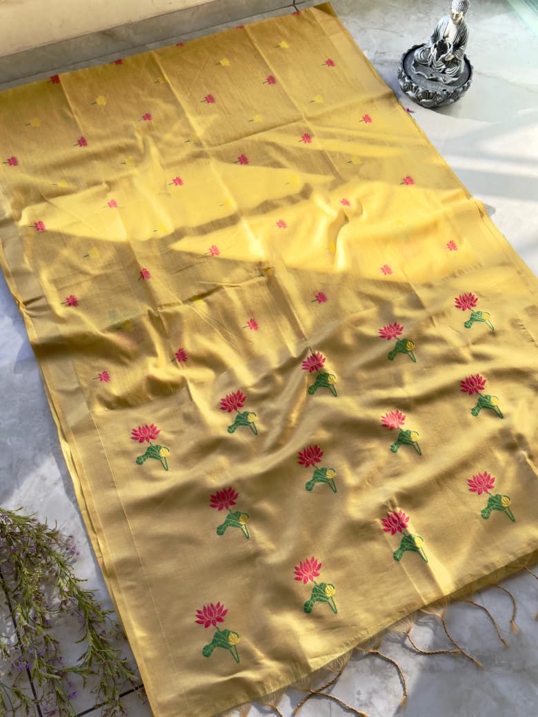 Yellow colour Soft Munga Cotton Lotus Jamdani Saree