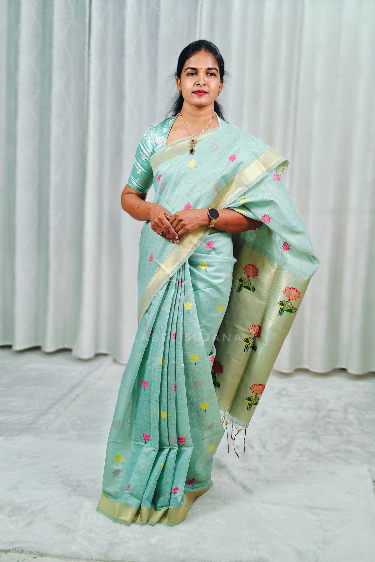 Sky blue colour Soft Munga Cotton Lotus Jamdani Saree