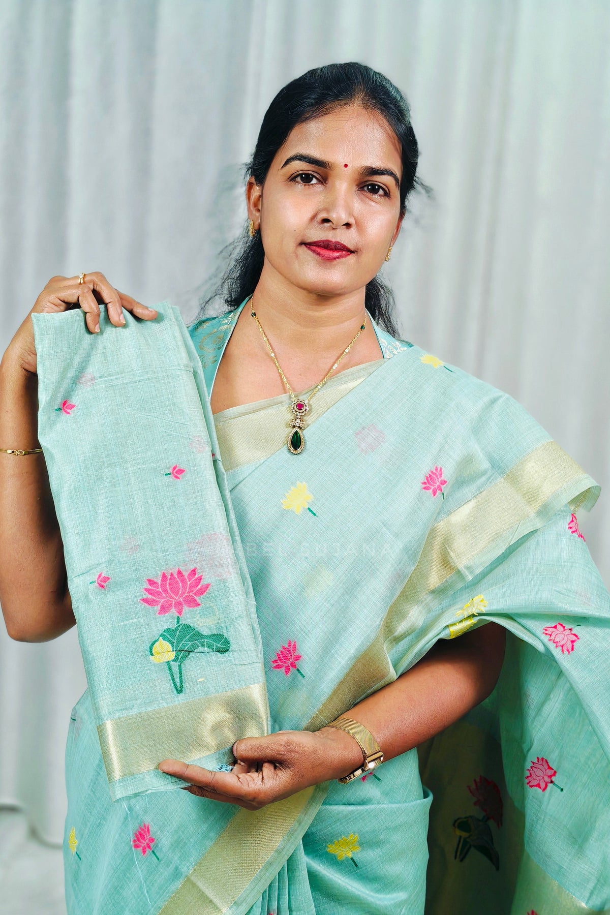 Sky blue colour Soft Munga Cotton Lotus Jamdani Saree