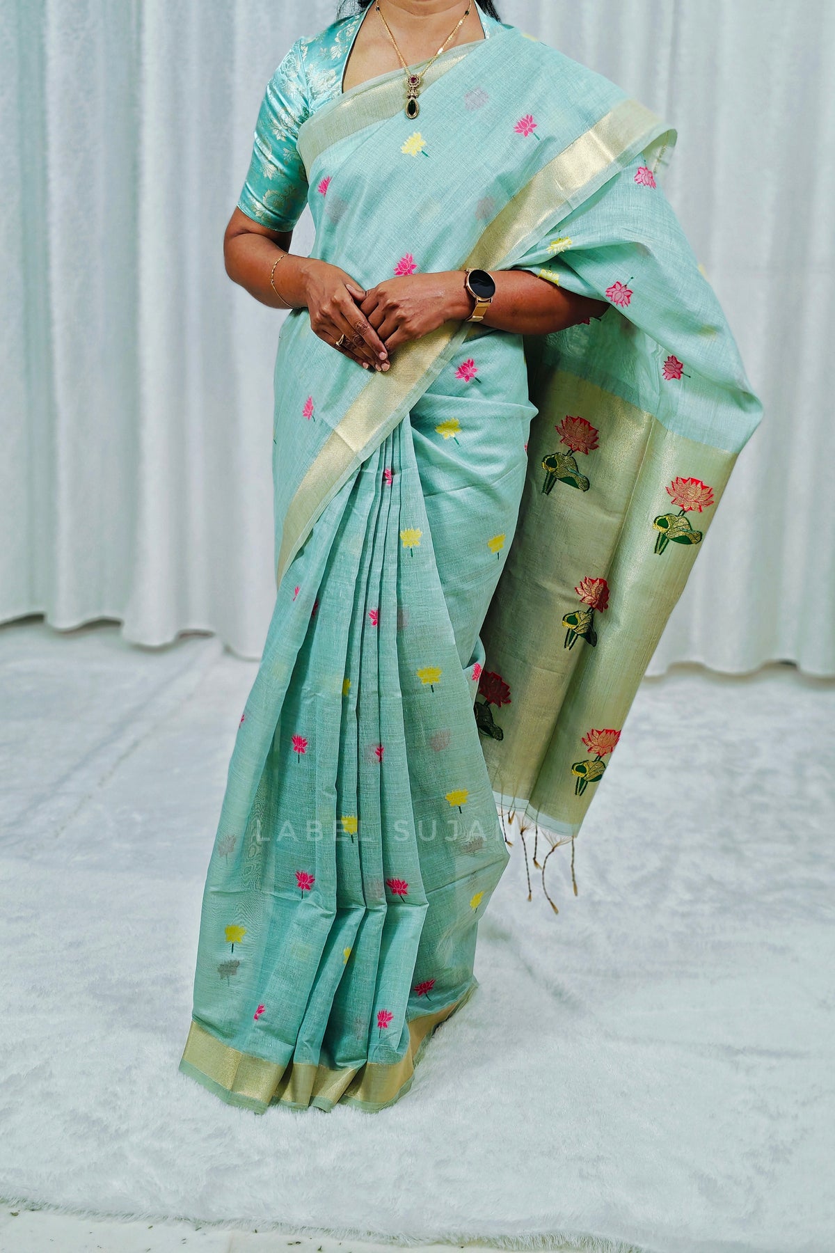 Sky blue colour Soft Munga Cotton Lotus Jamdani Saree