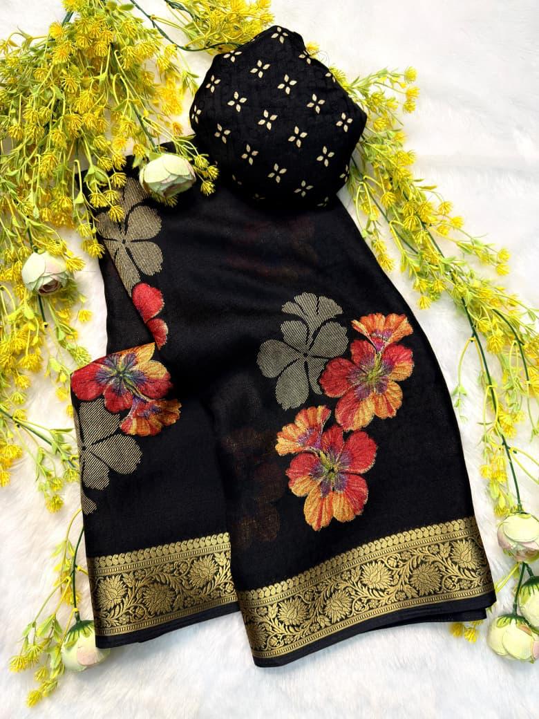Black marshmallow silk saree with floral print and jacquard woven border with designer blouse piece