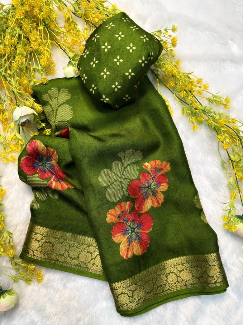 green marshmallow silk saree with floral print and jacquard woven border with designer blouse piece
