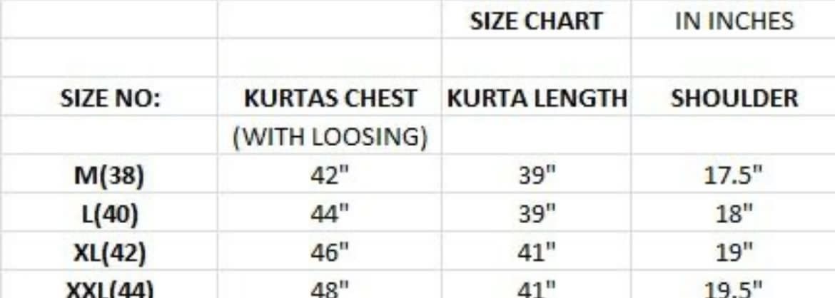 Size chart for turquoise,Gray,pista,baby pink,chiku, White and black Kurtas in inches with chest, length, and shoulder measurements.