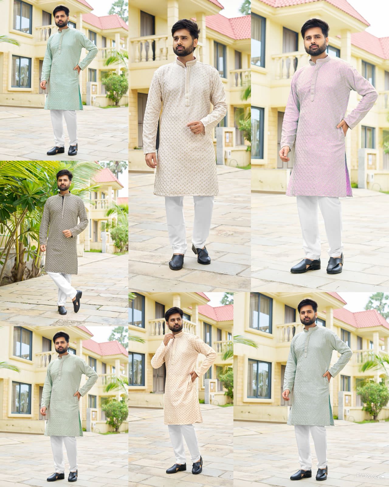 Turquoise,Gray,pista,baby pink,chiku, White and black kurta in various colors with white pants 