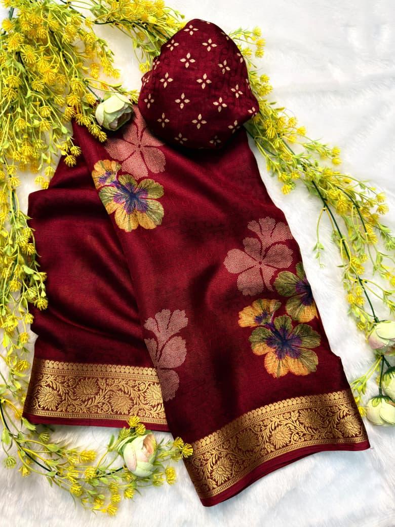 Maroon marshmallow silk saree with floral print and jacquard woven border with designer blouse piece
