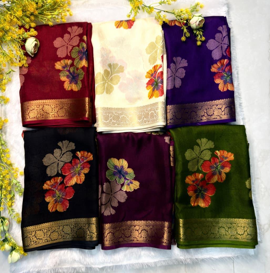 Maroon, White, Royal Blue, Black, Purple, Green Marshmallow silk saree with floral print and jacquard woven border with designer blouse piece