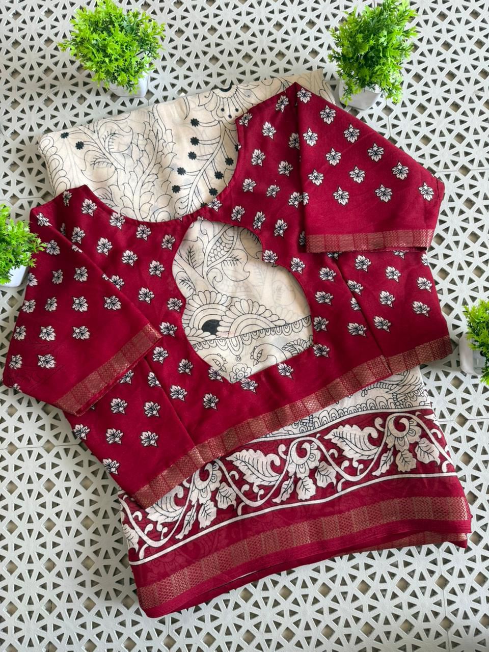 soft silk cream color saree with Kalamkari print and red zari border
