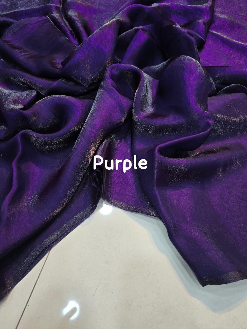 Close-up of purple fabric with 'Purple' text overlay on a light background