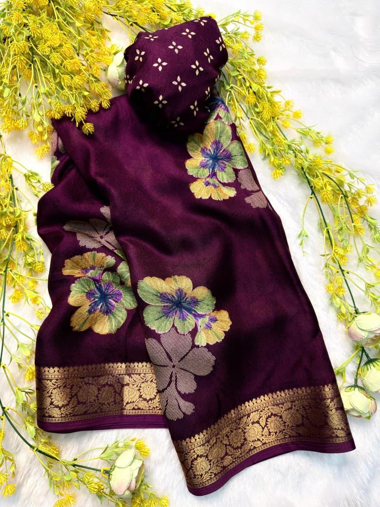Wine marshmallow silk saree with floral print and jacquard woven border with designer blouse piece