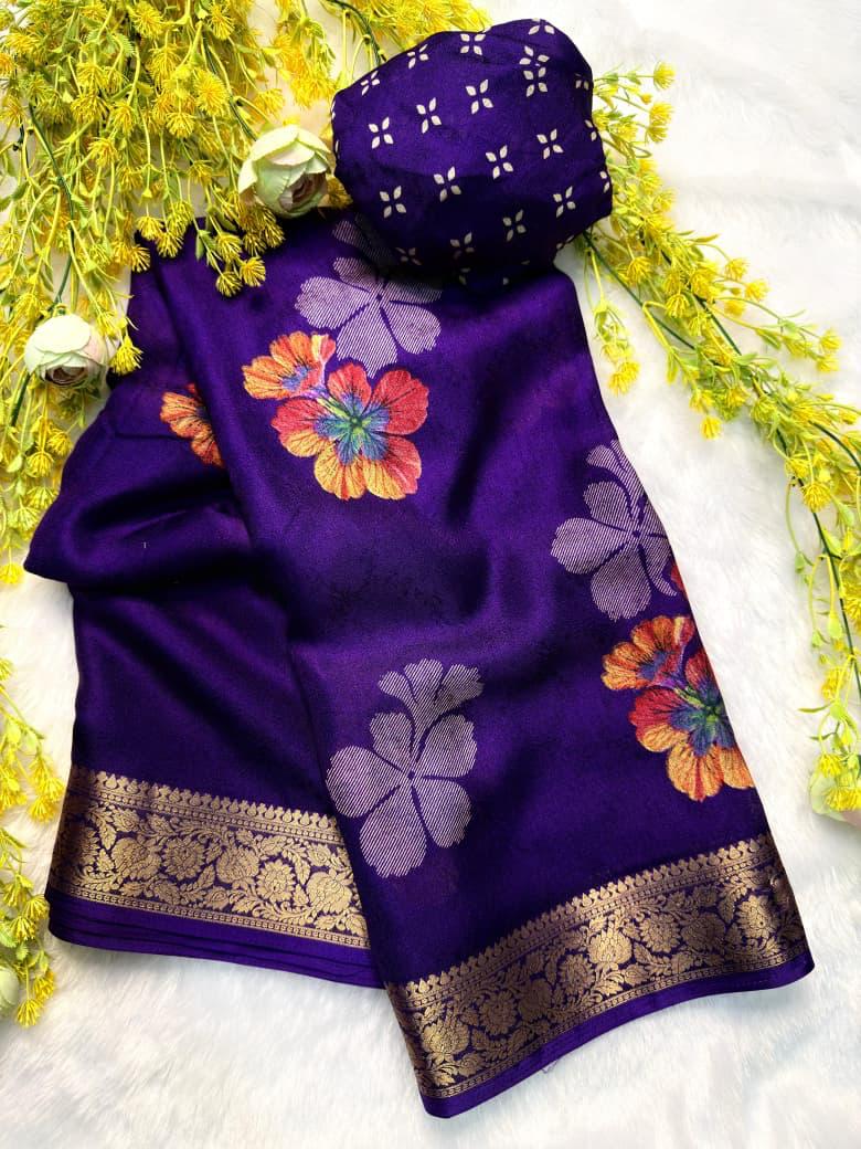 Purple saree with floral patterns and a matching blouse on a  background with yellow flowers.