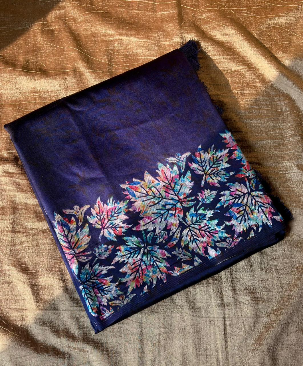Navy blue fabric with colorful floral pattern