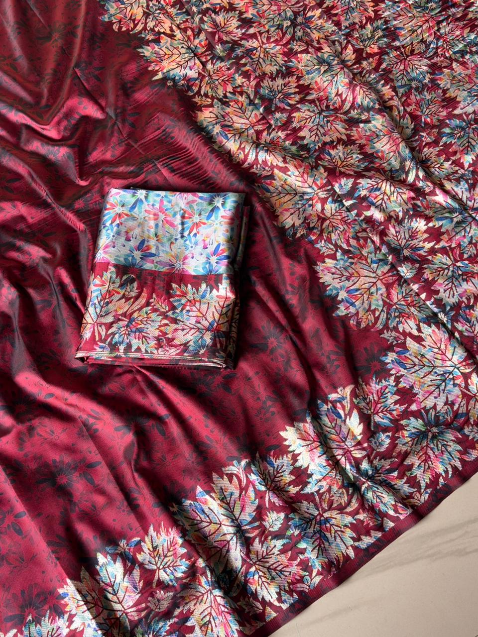 Maroon fabric with floral patterns 