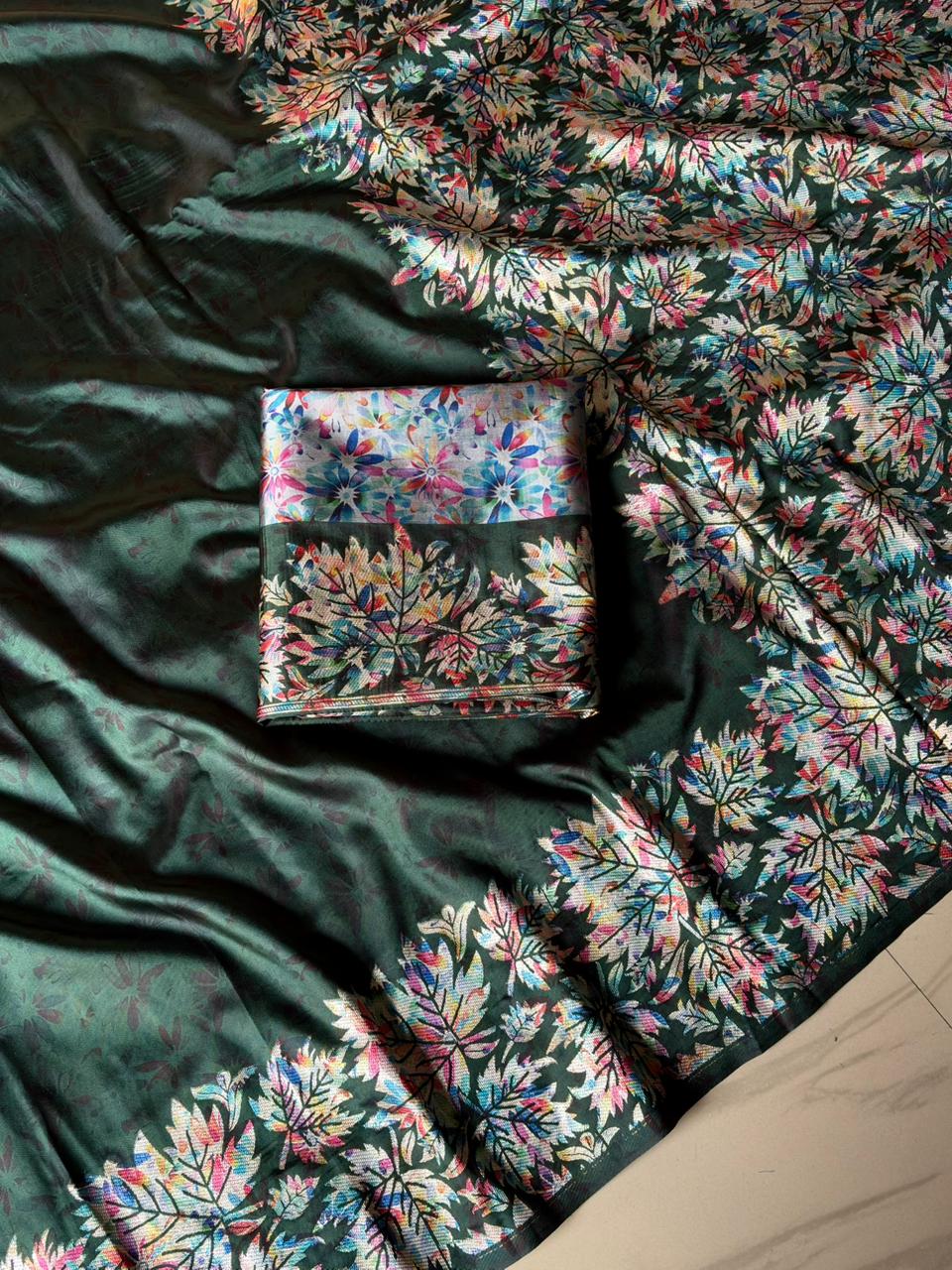 dark green fabric with floral patterns 