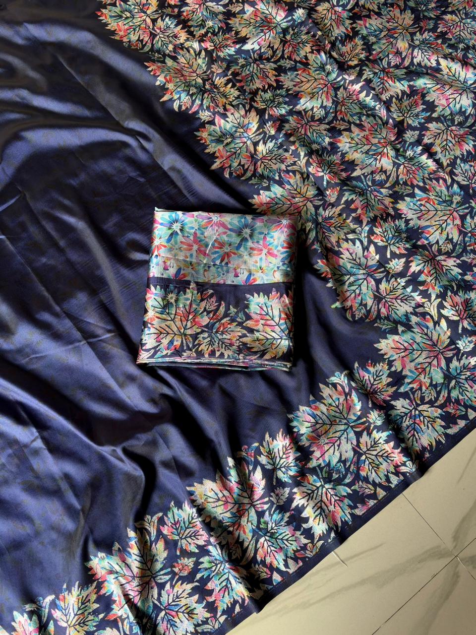 Navy blue fabric with floral patterns 