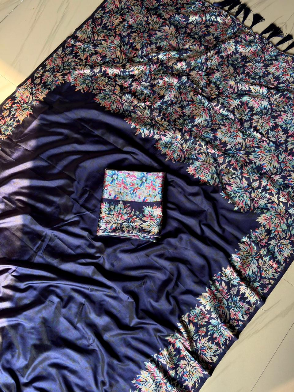 Navy blue fabric with floral patterns 