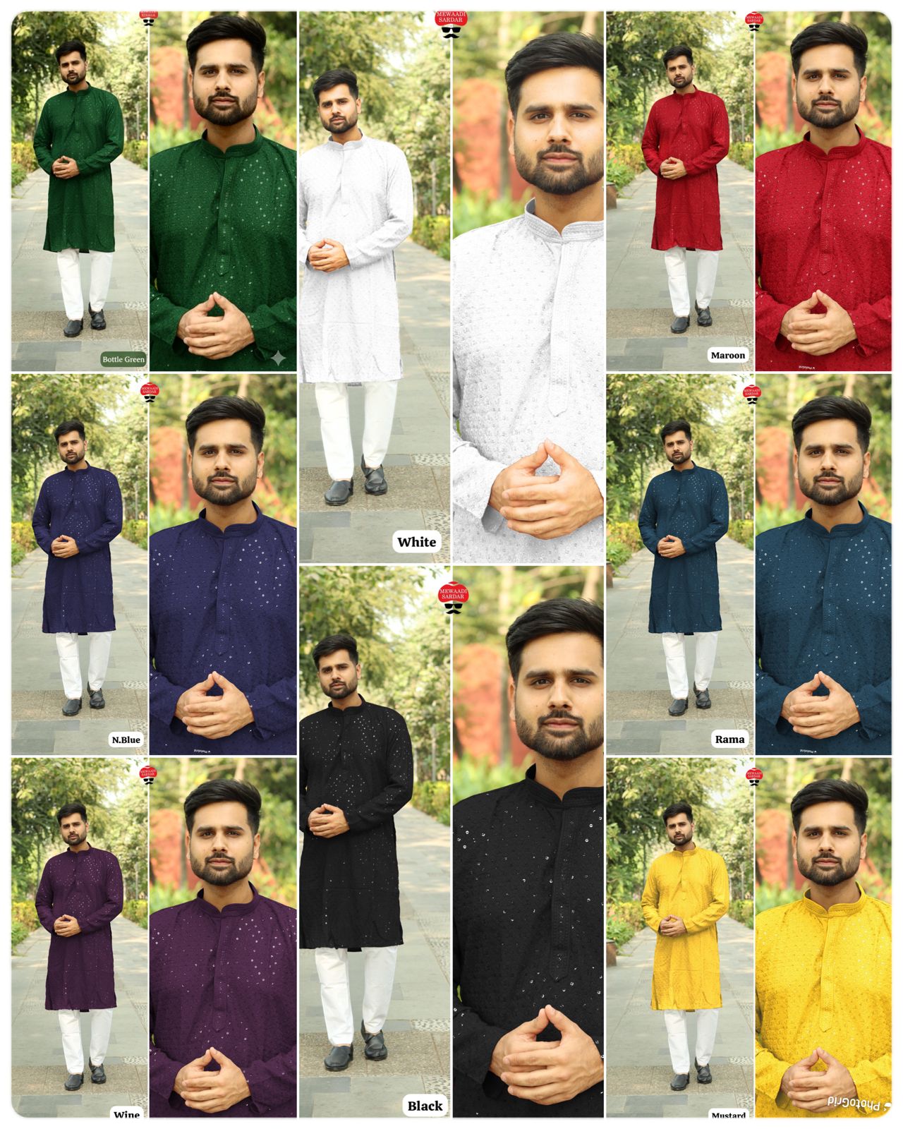 Yellow,dark Green, maroon, black,White ,wine,Navy Blue and Rama green colored kurta outfits with a greenery background.