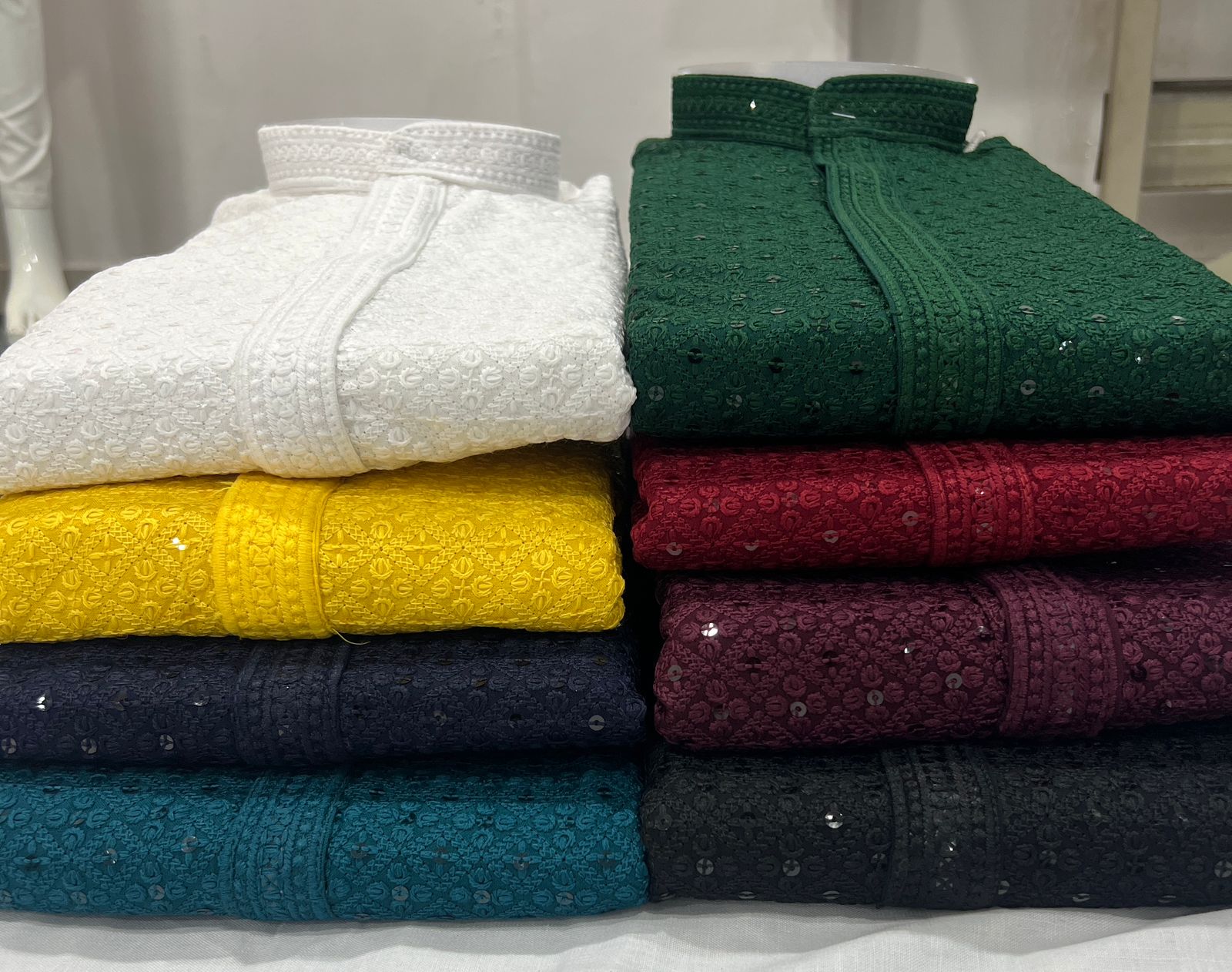 White,Yellow,dark Green, maroon, black, wine, Navy Blue and Rama green 