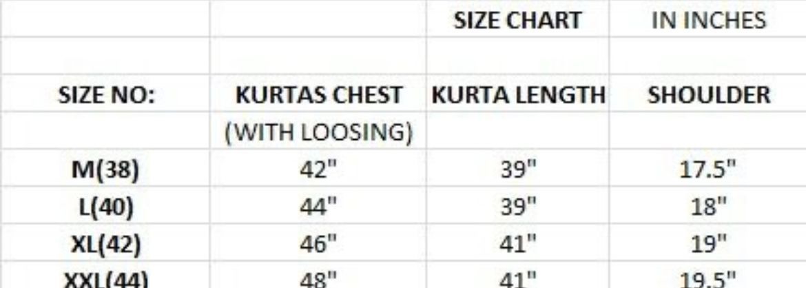 Size chart for yellow, Dark Green, White,maroon, black, wine,Navy blue,Rama green Kurtas in inches with chest, length, and shoulder measurements.