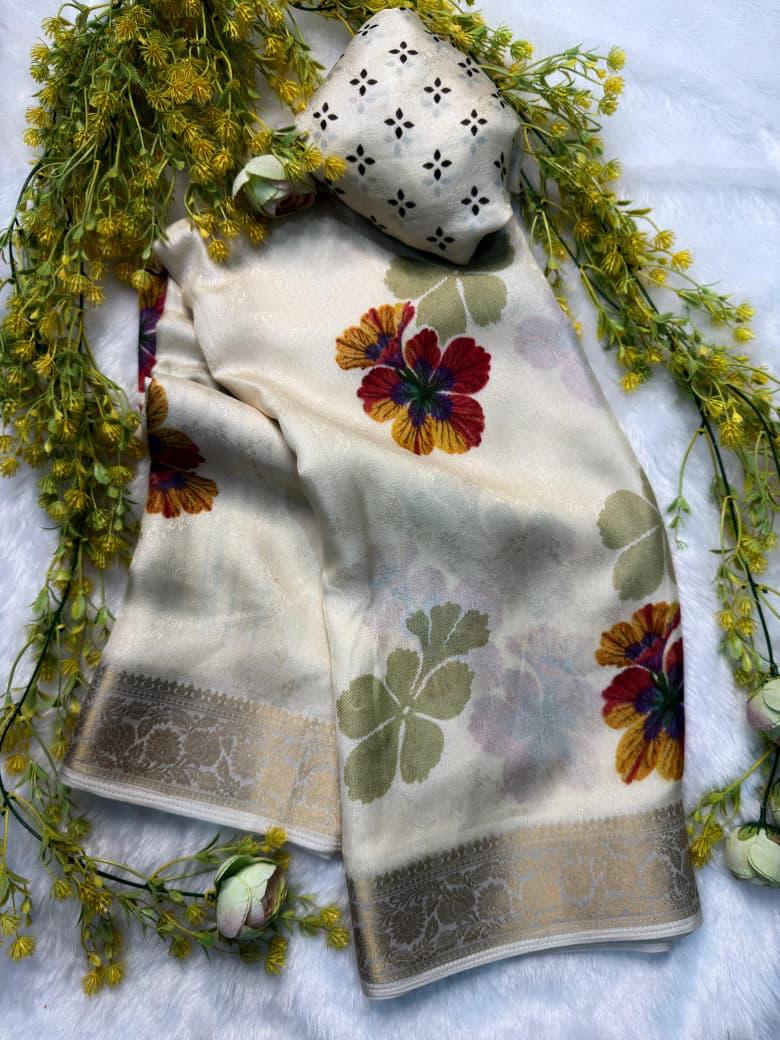 white marshmallow silk saree with floral print and jacquard woven border with designer blouse piece