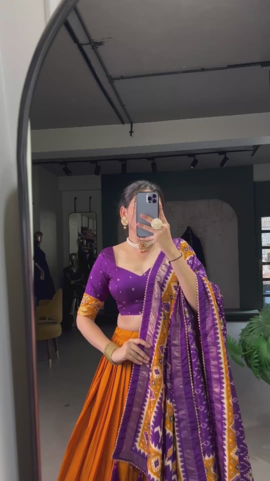 Tasar silk with foil work lehanga