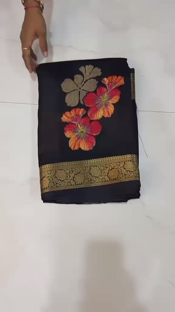 Maroon, White, Royal Blue, Black, Purple, Green Marshmallow silk saree with floral print and jacquard woven border with designer blouse piece