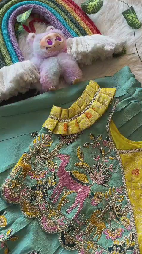 Cyan, Beige skirt and top with embroidery design