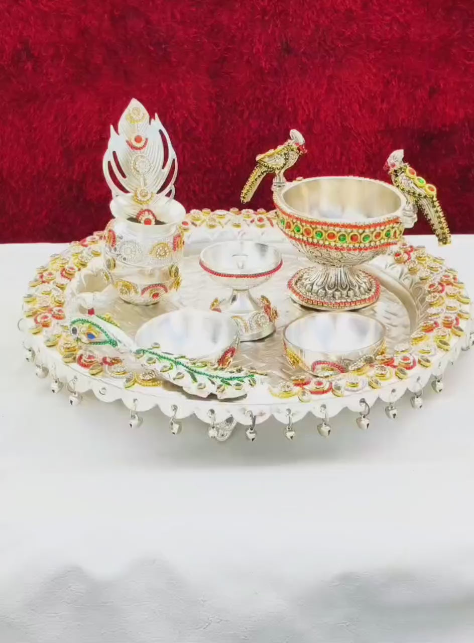 German silver peacock ghungaru pooja thali set