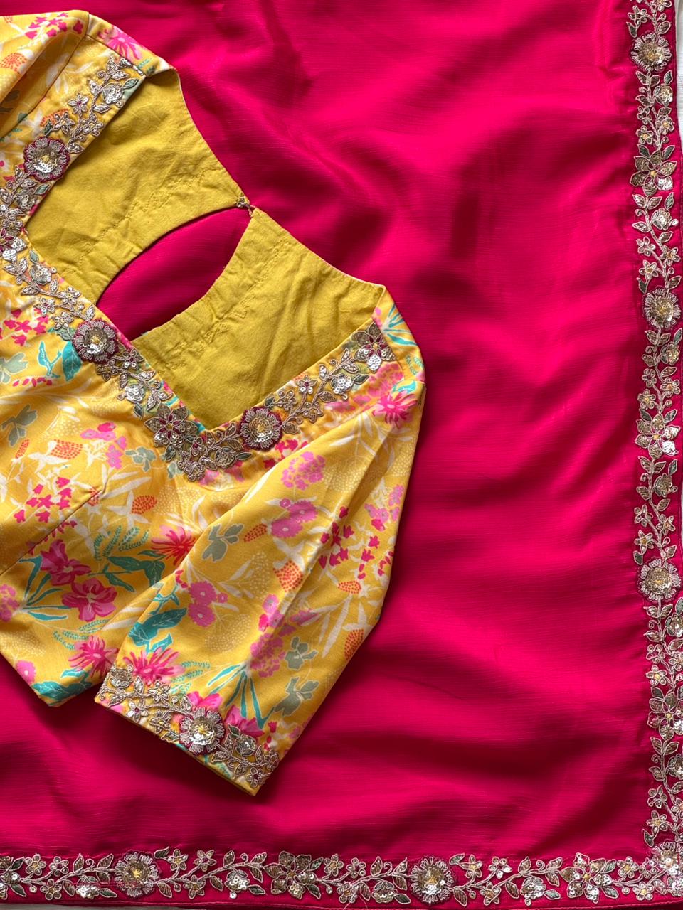 Pink saree with yellow blouse 