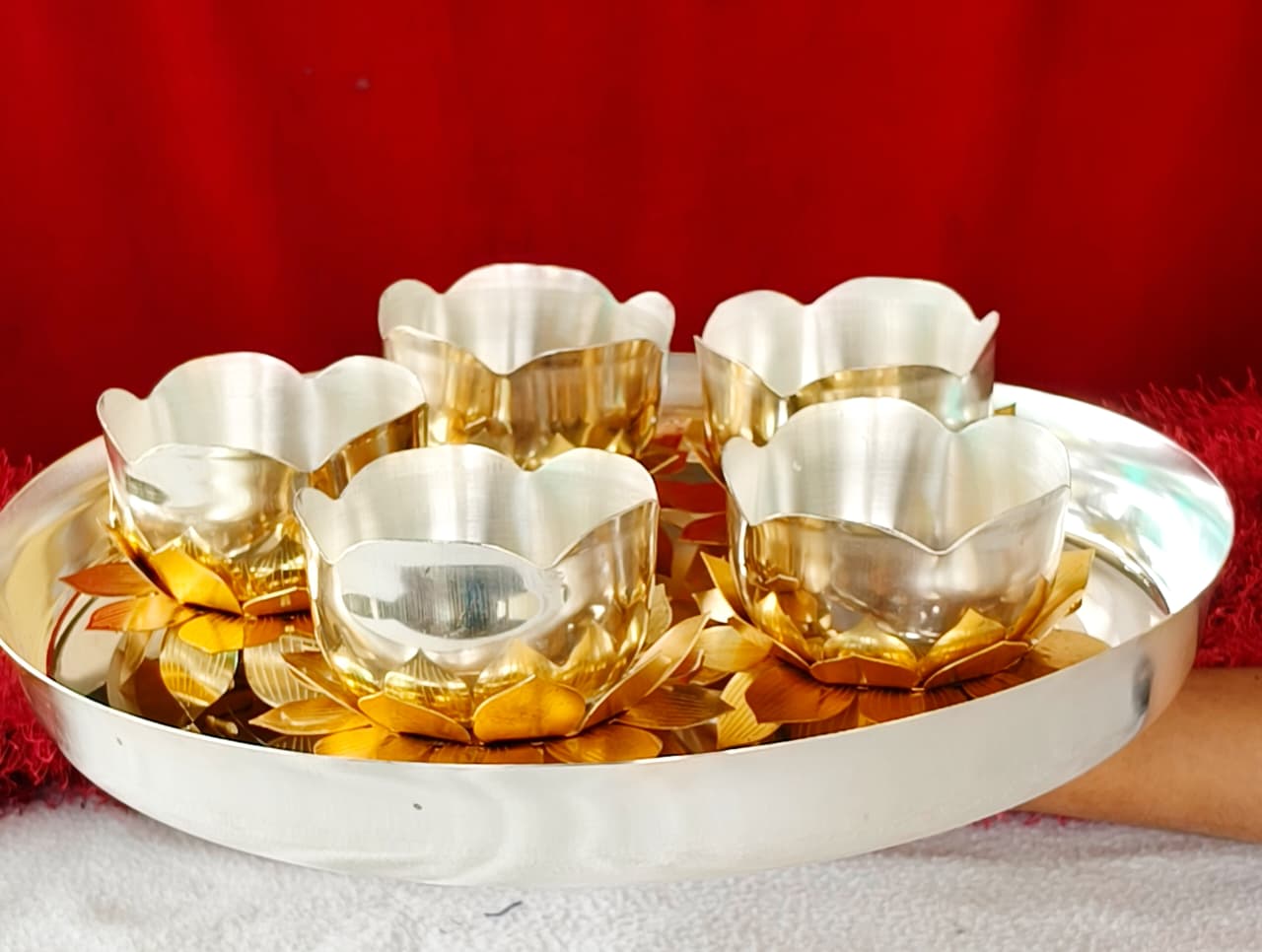 German silver 5 piece lotus prasad bowl thali set