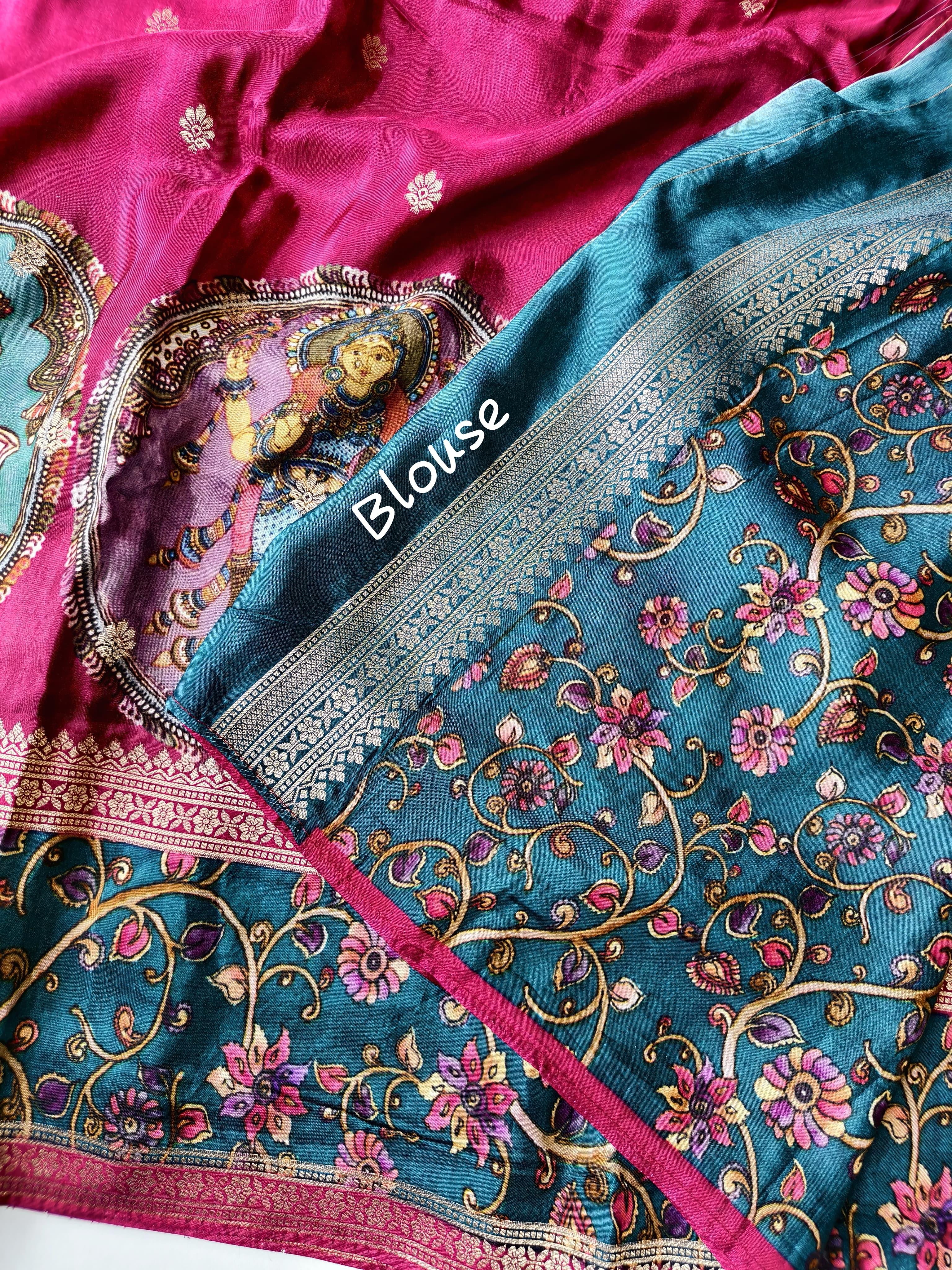 Floral embroidered blouse with Rani pink and colors on a white background