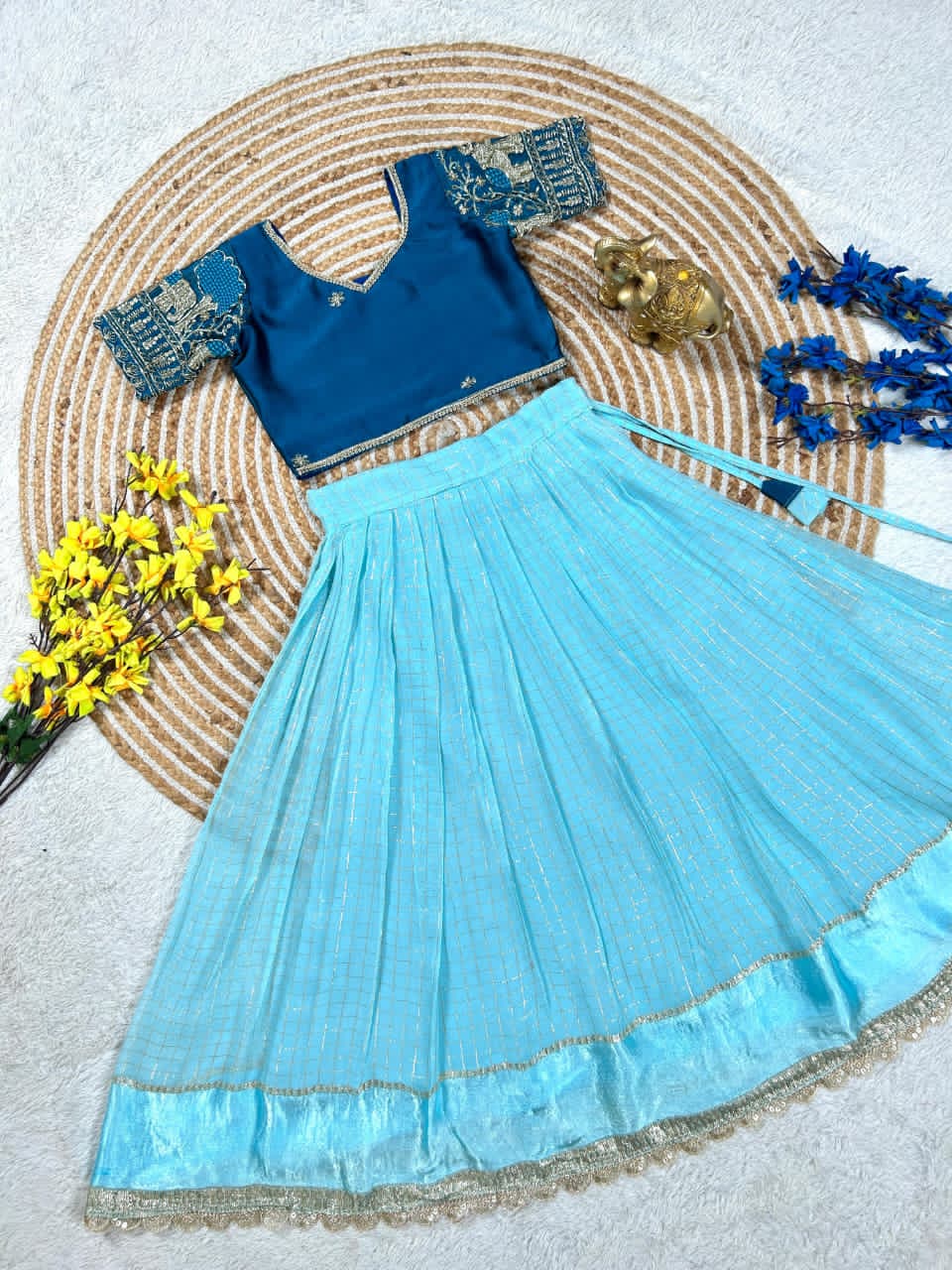 Sky Blue lehanga with gold border 