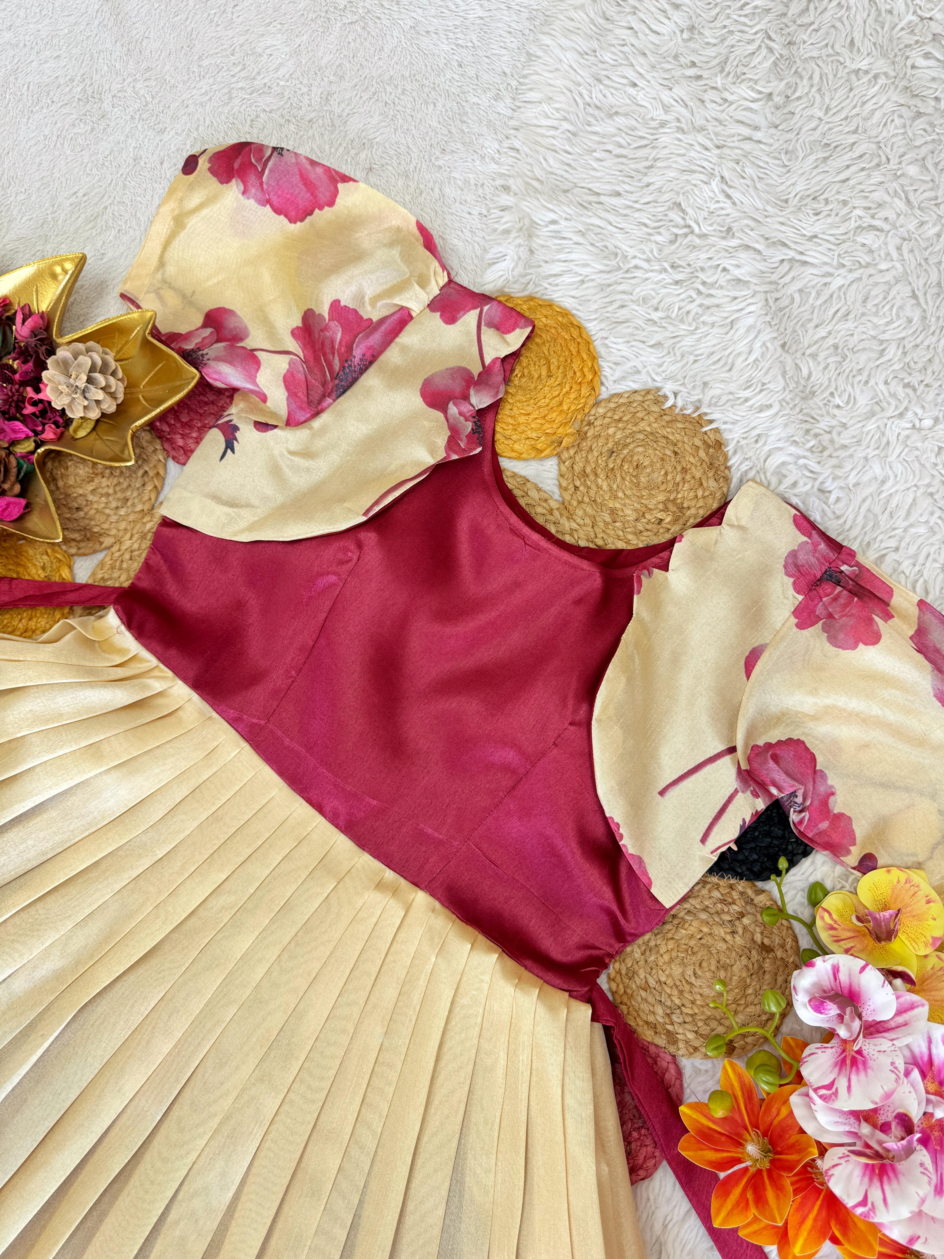 Beige frock with pink floral patterns 