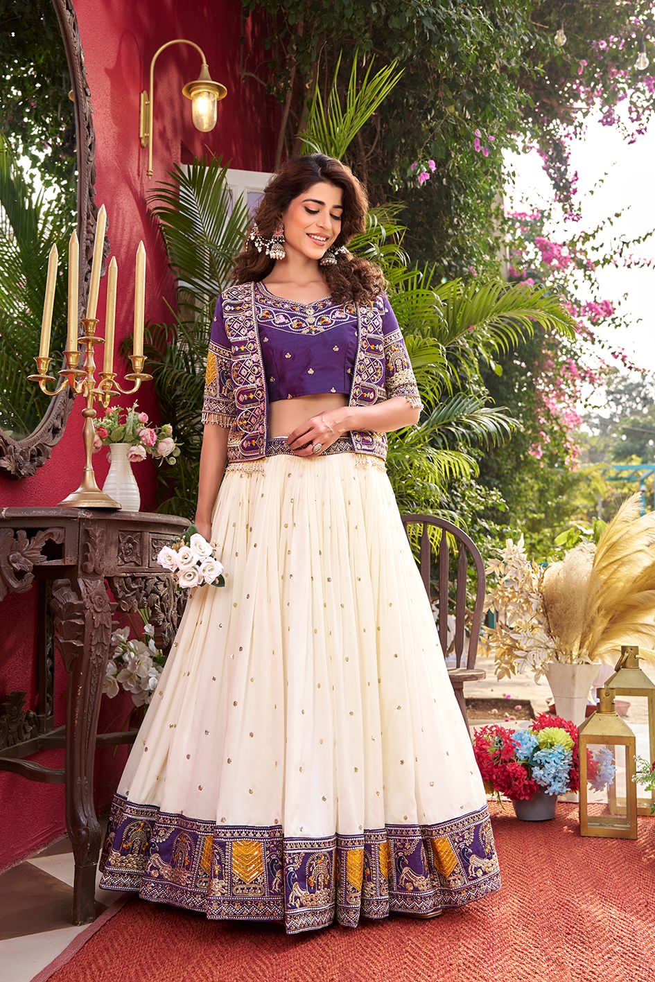 Traditional outfit with white skirt and purple top 
