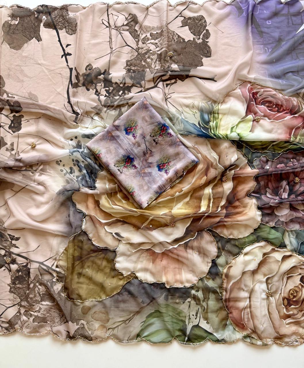 Beige floral-patterned fabric with a small box on top