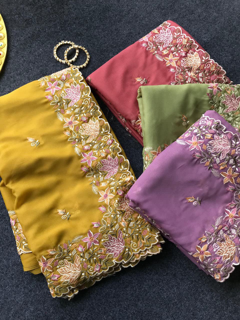 Mustard Yellow, light purple,peach, olive green 