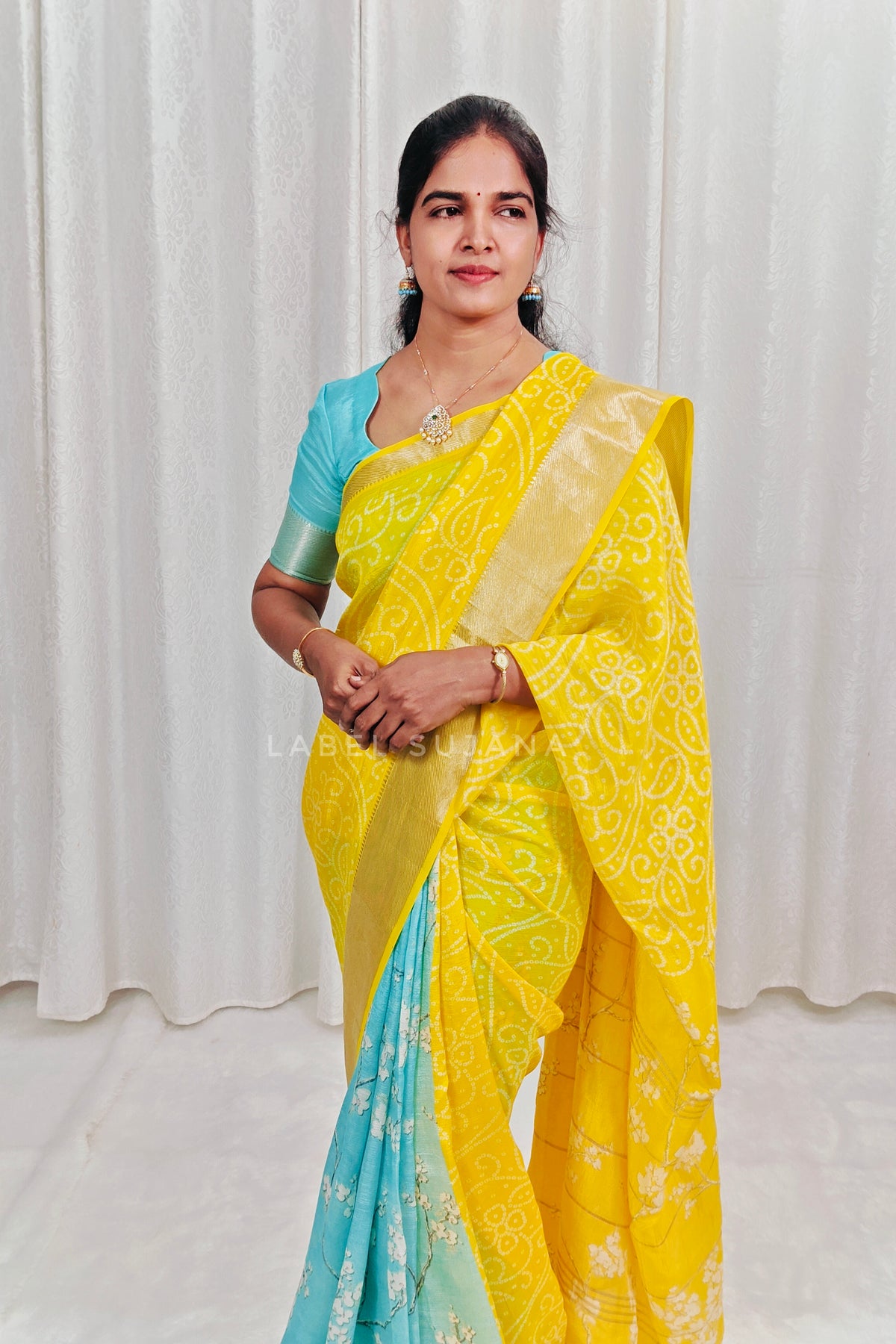 Yellow colour Mangalagiri Langa Voni Style Big Zari Border Digital Pattu Saree
