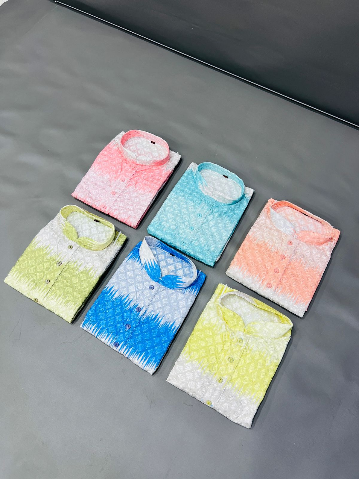 Light pink,cyan,peach, Olive green,blue and yellow 