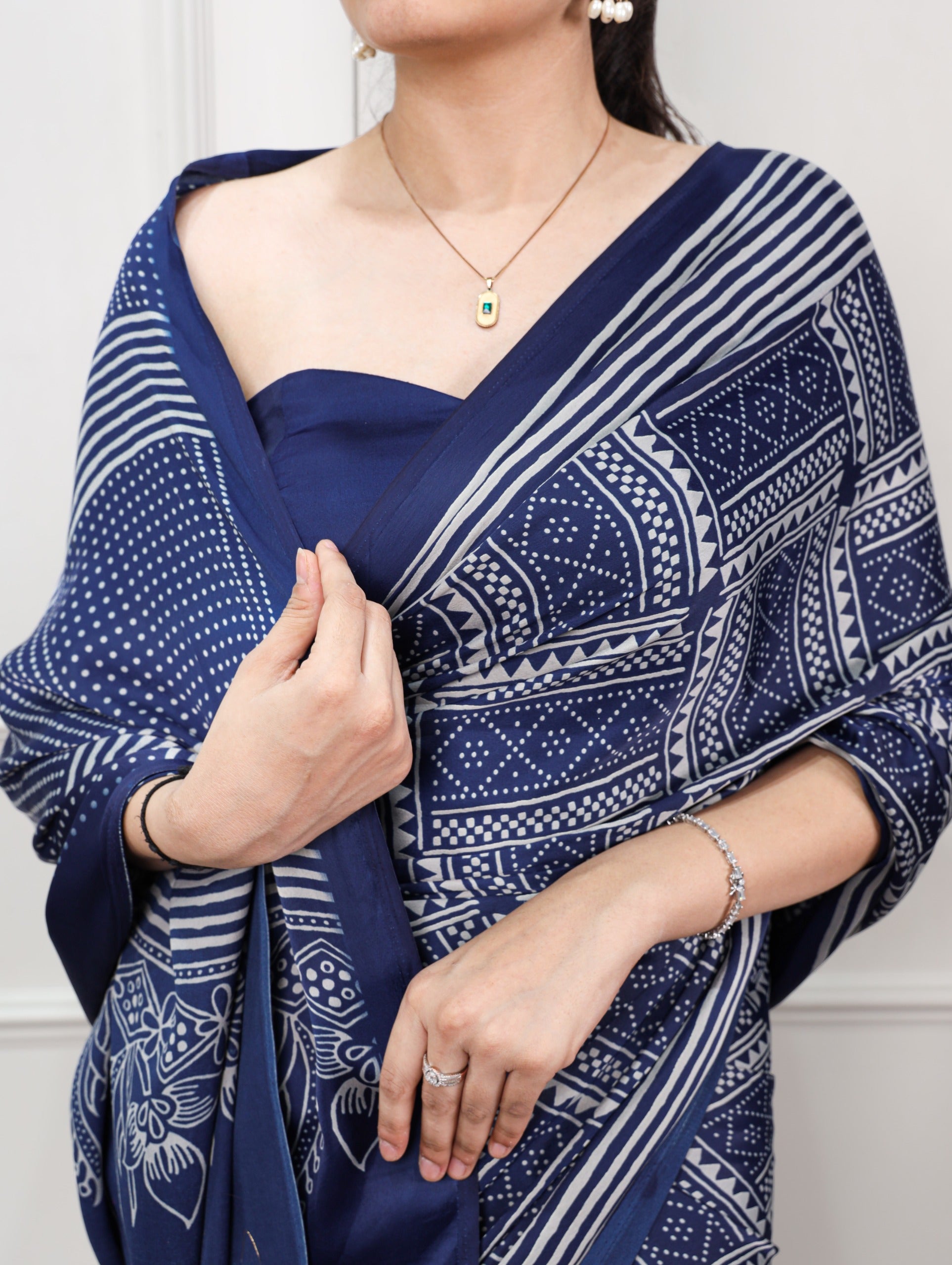 Navy blue saree with floral patterns 