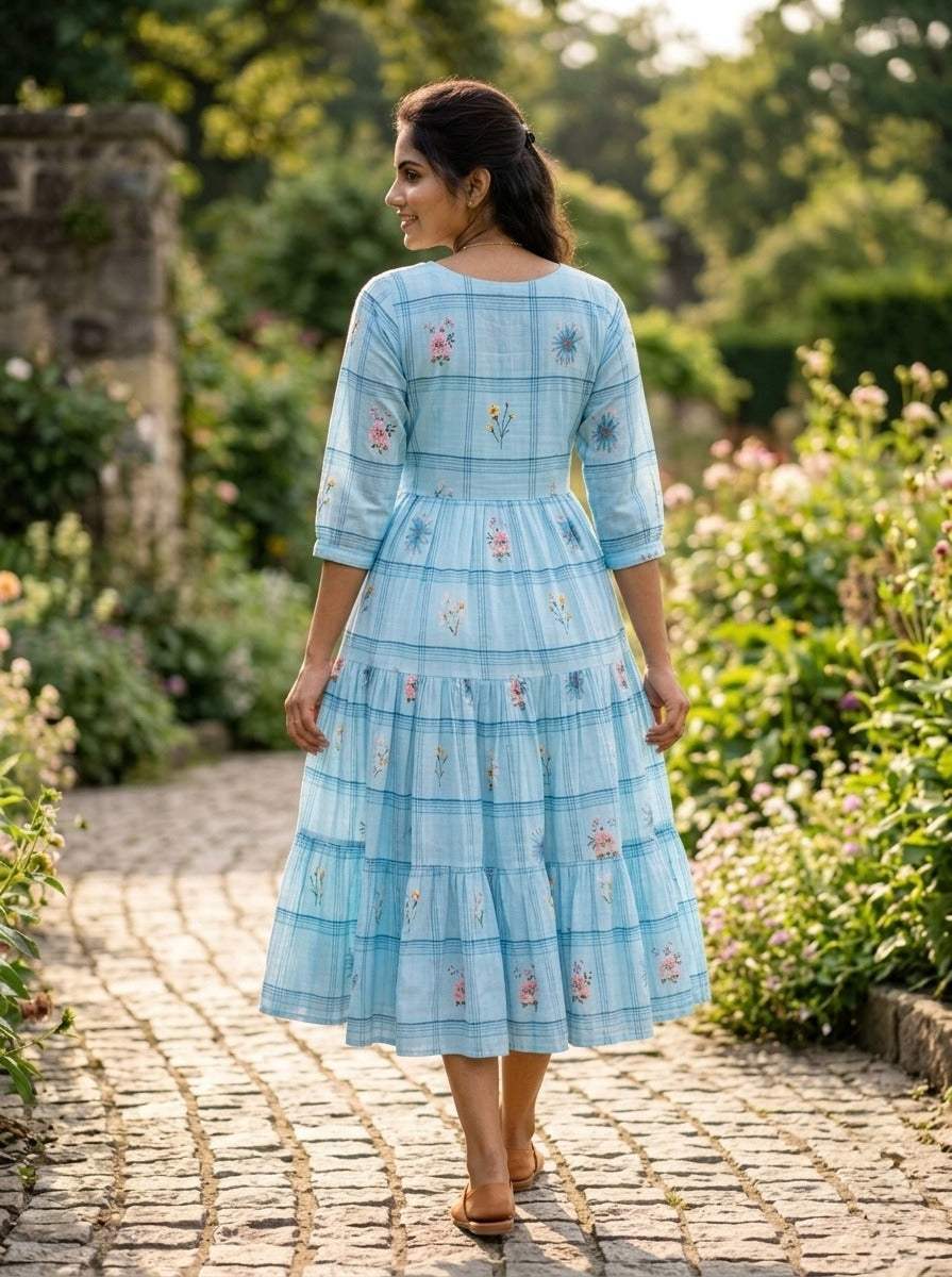 Sky blue frock with floral patterns 