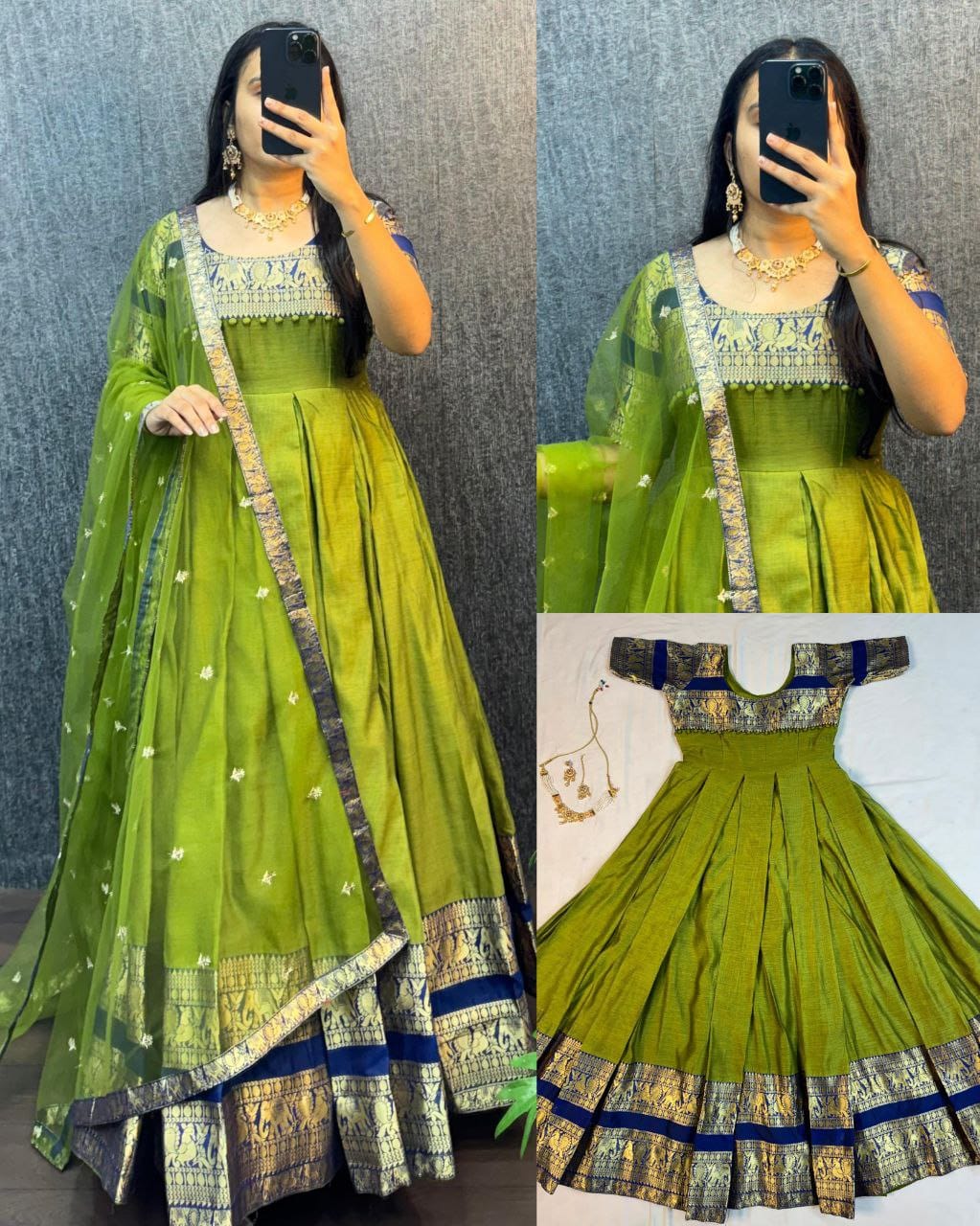 Parrot Green traditional outfit with matching blouse and dupatta on a gray background