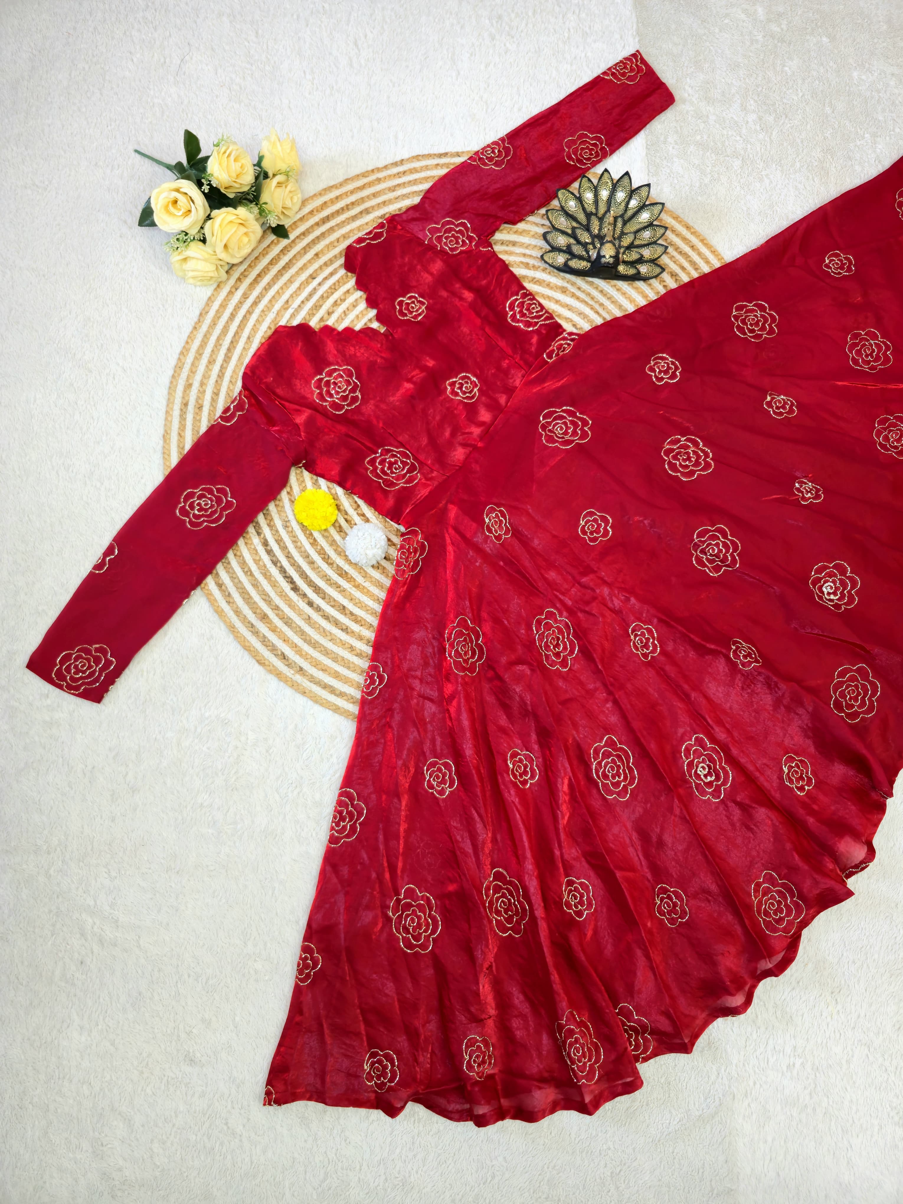Red dress with floral patterns 