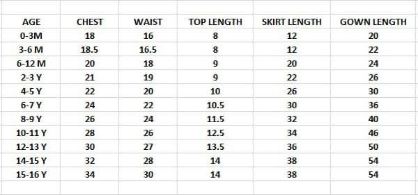 White frock size chart 