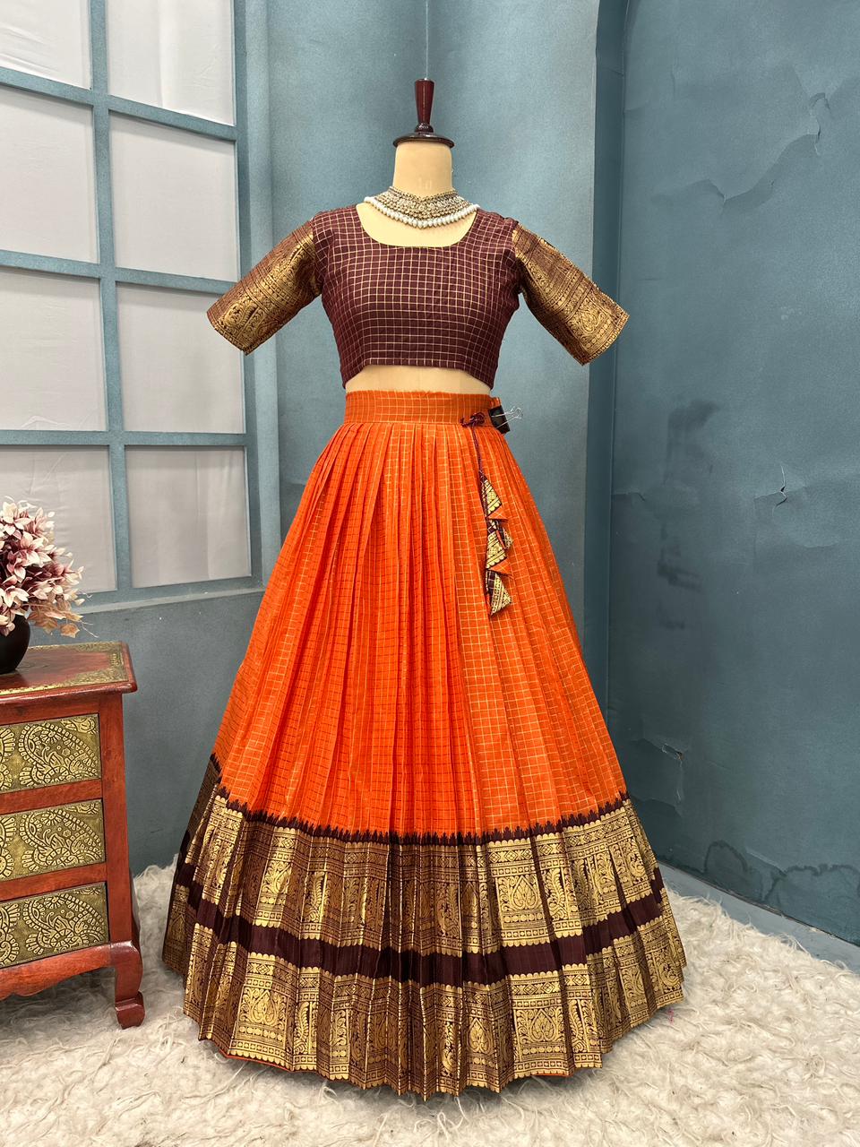 Traditional Brown and Orange lehanga with blouse 